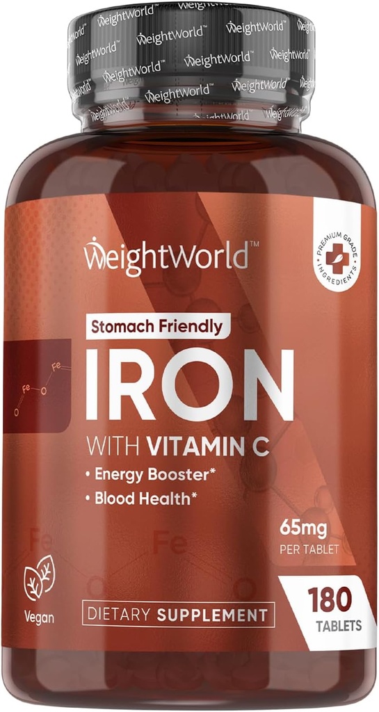PoidsWorld Iron Supplement 65mg - avec vitamine C 125mg - 180 comprimés végétaliens (6 mois d'approvisionnement) - Supplément en fer carbonyle doux pour les femmes et les hommes - Booster d'énergie et la chaleur du sang - Non-OGM et sans gluten