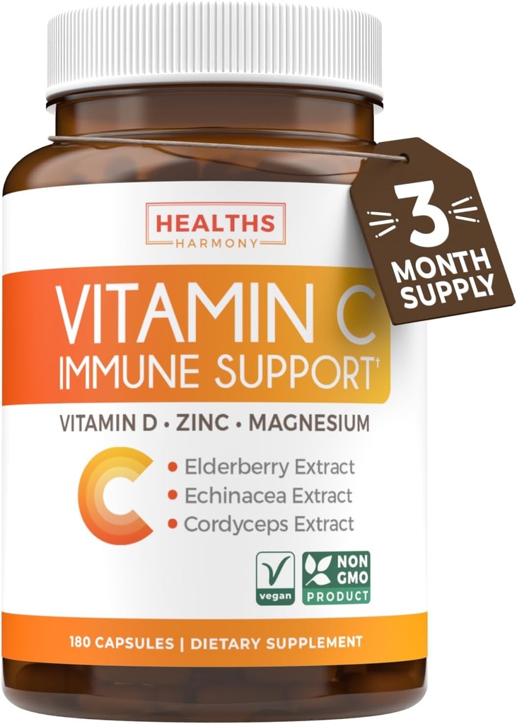Vitamin C Immune Support Supplement - Immune Boost Blend with Elderberry Vitamin C and Zinc for Daily & Seasonal Support - Magnesium Zinc VIT C & D and Herbal Defense Complex (3 Months Supply)