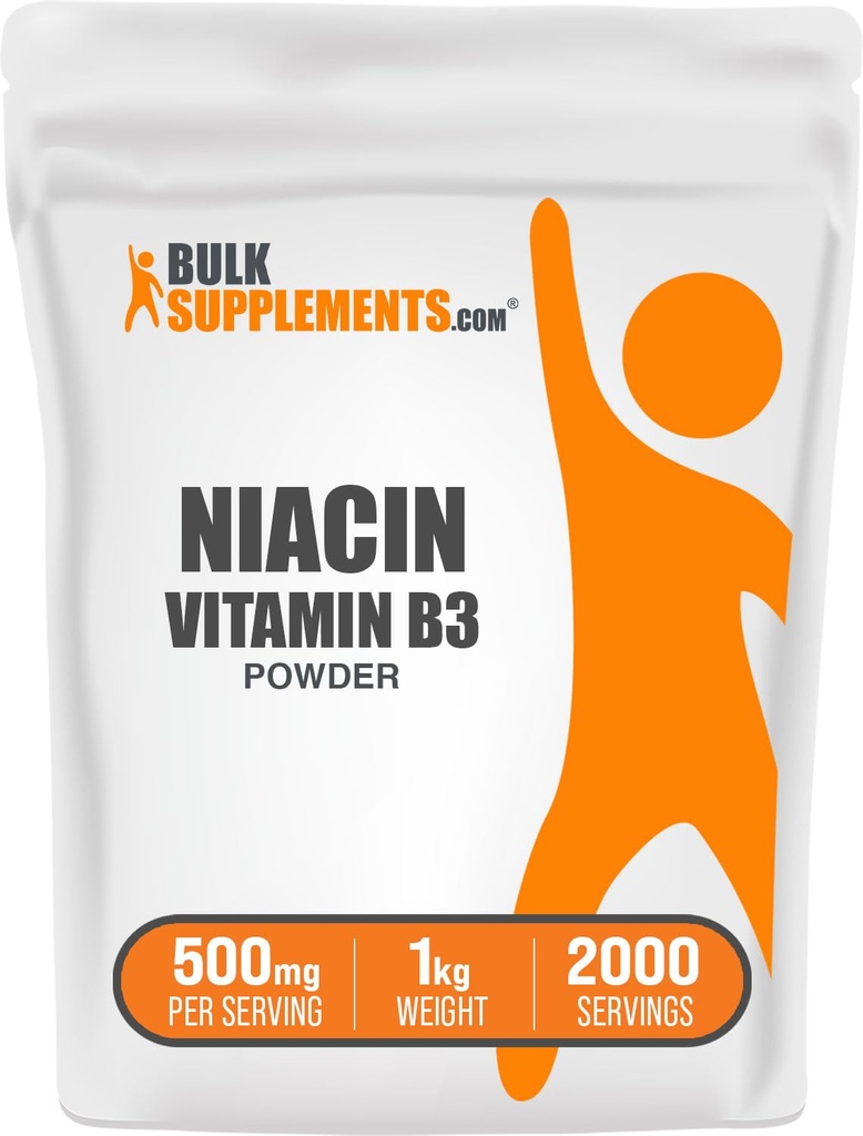 BulkSupplements.com Poudre de niacine - supplément de vitamine B3, flush de niacine - sans gluten, 500mg par portion, 1kg (2,2 lbs) (paquet de 1)
