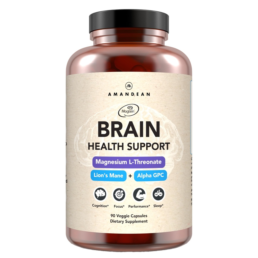 Supplément Cerveau AMANDEAN. Soutien cognitif nootrope pour la mémoire, Focus, Clarity. Magnésium L-Thréonate (Magtein), extrait de champignons de la Mane de Lion, complexe de choline Alpha GPC. 90 Capsules de légumes.