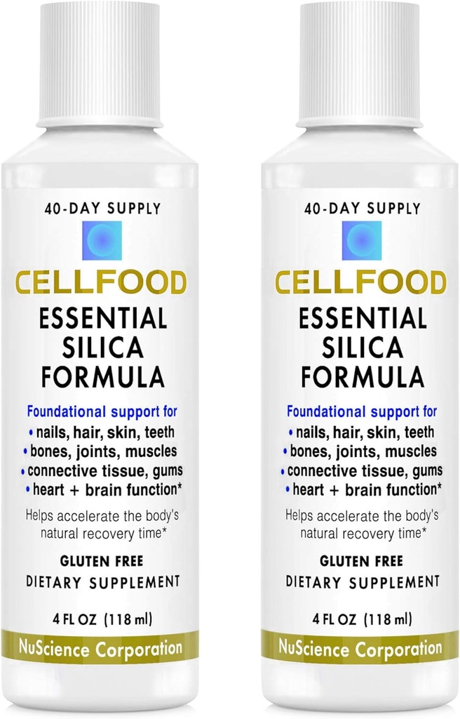 Cellfood Essential Silica formule anti-âge, 4 fl oz, 2 pack - soutient des os sains, des articulations, des cheveux, de la peau, des ongles, des dents et des gencives - facile à absorber - sans gluten, sans thiaminase, sans OGM - 80 jours d'approvisionnement