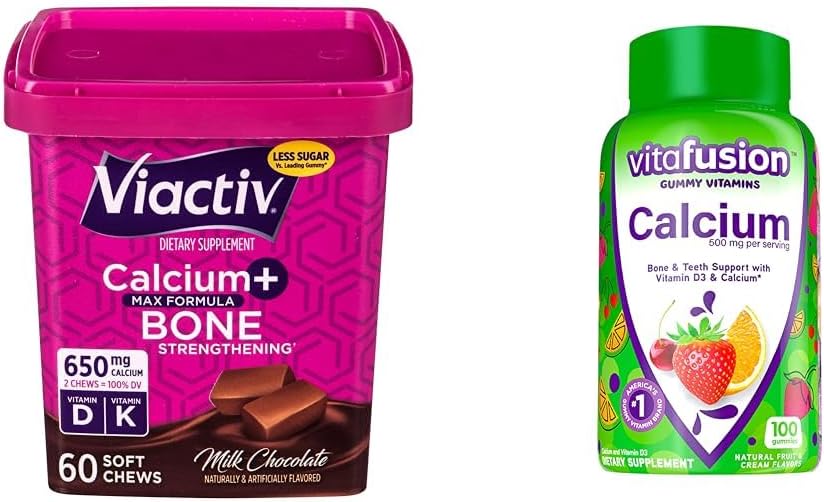 Viactiv Calcium Chews 60 Count & vitafusion Calcium Gummy Vitamines 100 Count - Suppléments de calcium pour os et dents Soutien
