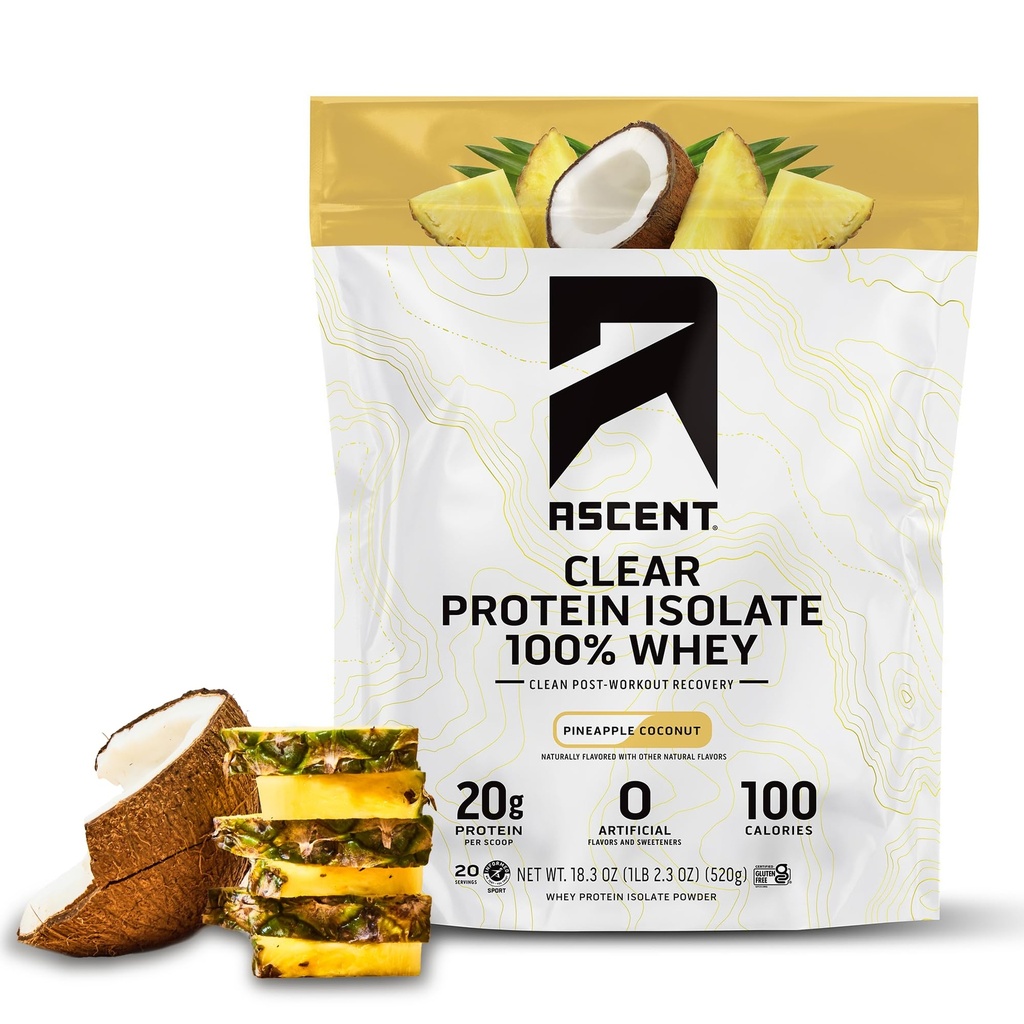 Poudre de protéines de lactosérum 100 % clair - Après l'entraînement Isolation de la protéine de lactosérum, Zéro arômes et édulcorants artificiels, sans gluten, 5,5g BCAA, 2,1g Leucine, acides aminés essentiels, noix de coco d'ananas, 20 portions