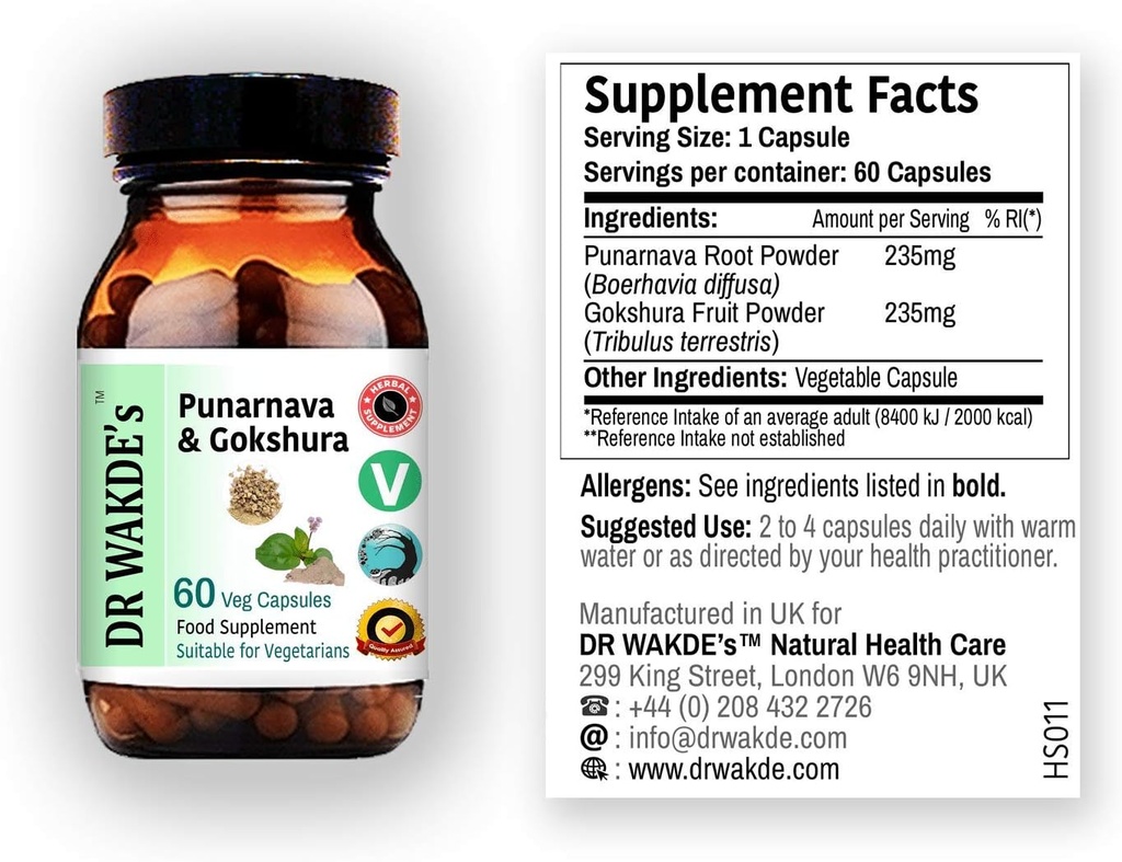 DR WAKDE's Punarnava & Gokshura Capsules (60 Veg Caps, favorise la grippe urinaire saine, supplément ayurvédique, végétalien, à base de plantes, tout naturel, fabriqué au Royaume-Uni)