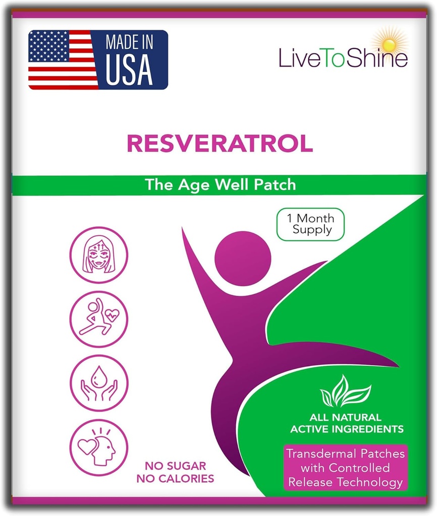 Live To Shine Resveratrol Patch - Transdermal Topic Support Antioxydant à base de plantes pour le vieillissement et le bien-être en santé - 30 Patches pour les femmes et les hommes - USA Made