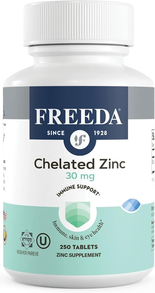 Freeda Chélaté Zinc 30mg – TRAACS® Zinc Bisglycinate pour Haute Absorption – Vegan, Kosher, doux sur l'estomac – Immune support pour les adultes, les hommes et les femmes – 250 comprimés minuscules