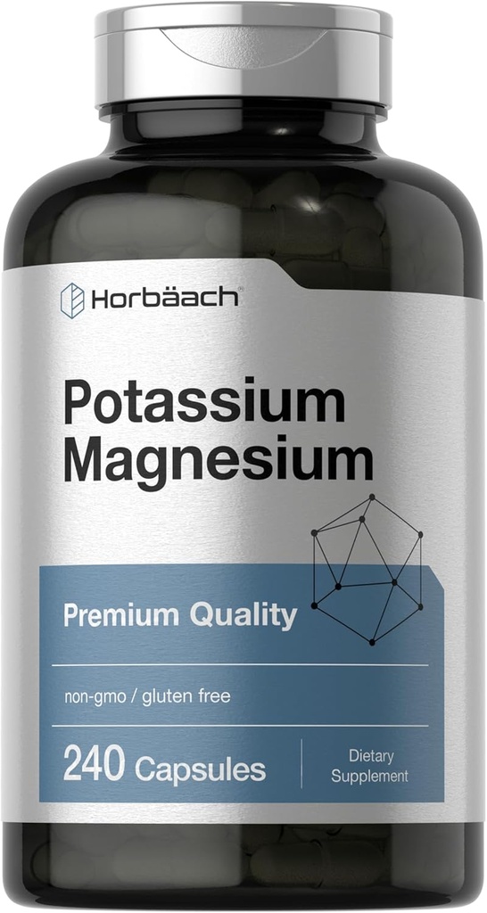 Horbäach Potassium Supplément Magnésium $ 240 Capsules $ Qualité Premium $ Non-OGM et sans gluten