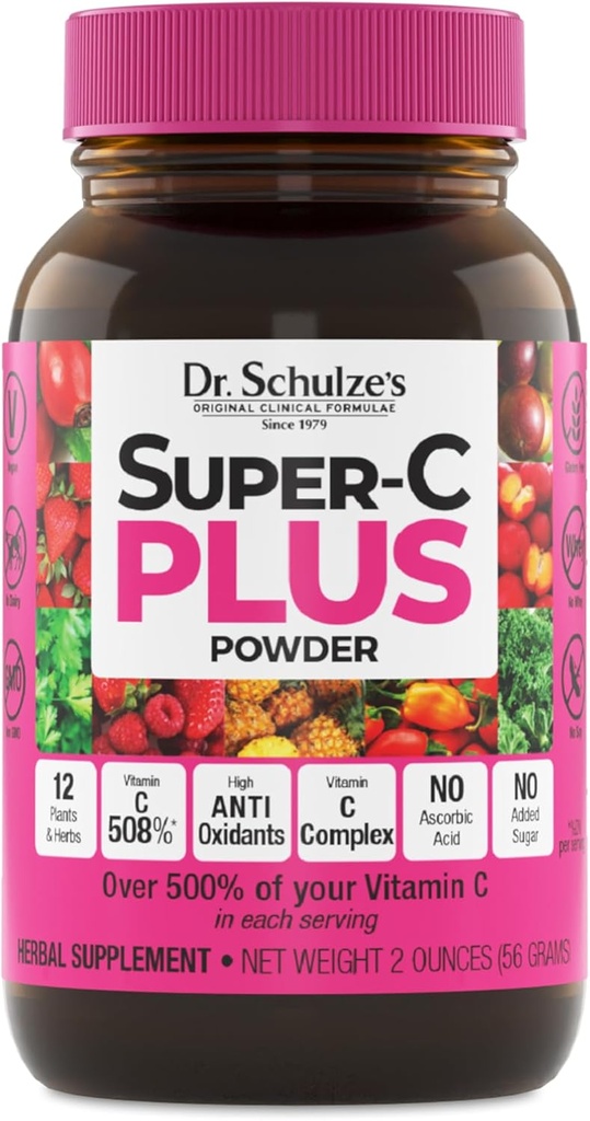 Super-C Plus du Dr Schulze - Supplément de vitamine C pour le soutien immunitaire - Santé de la peau et soutien antioxydant - Formule à haute puissance - Superaliments végétaux - Sans gluten et végétalien - 2 oz (20 portions)