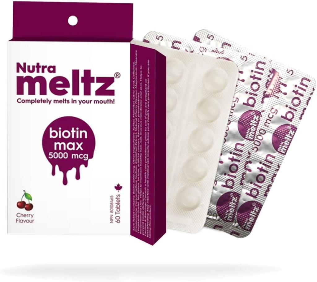 Nutra fondez Biotin 5000 mcg – soutient la croissance des cheveux, favorise la santé des ongles et la peau lisse Dissolution rapide comprimés pour la carence en biotine – Saveur de cerise (60 comprimés)