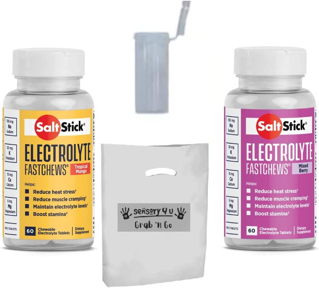 SENSORY4U Ensemble cadeau Grab & Go - SaltStick FASTCHEWS Variété 2-Pack - 60 bouteilles de comptage de mangue tropicale et de baies mélangées avec Race Ready Tube