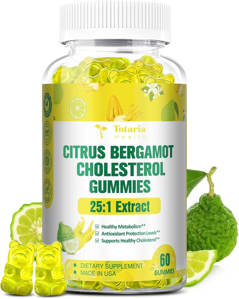 Gommies sans sucre d'agrumes Bergamot pour le cholestérol sain - Tous les suppléments naturels 25:1 Extrait de supplément de Bergamot italien pour le cholestérol élevé soutenir sain anti-âge Vegan sans sucre