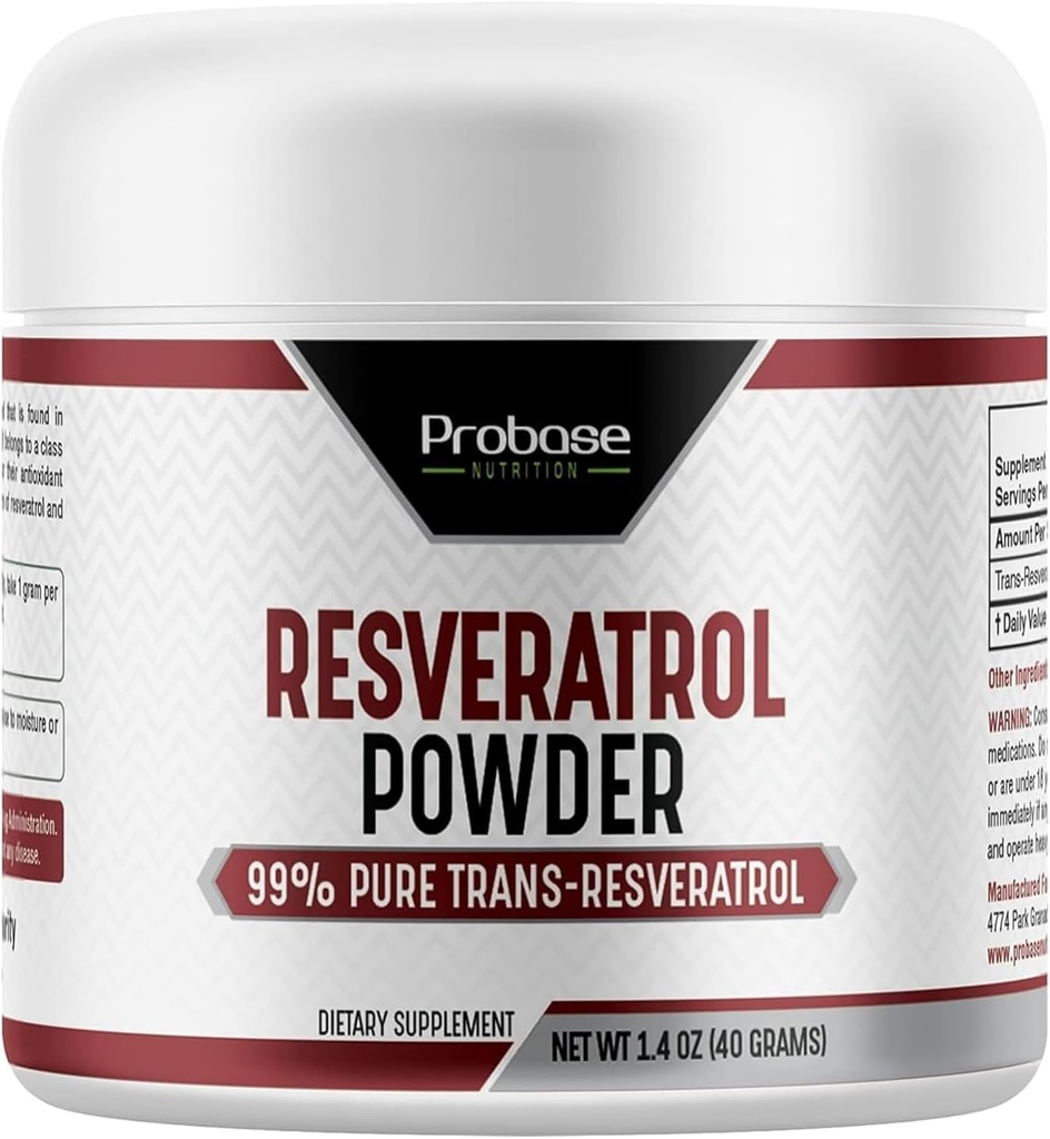 Probase Nutrition Supplément de resvératrol trans, poudre de resvératrol haute pureté pour le soutien de l'âge, 40 jours d'approvisionnement, 40 grammes