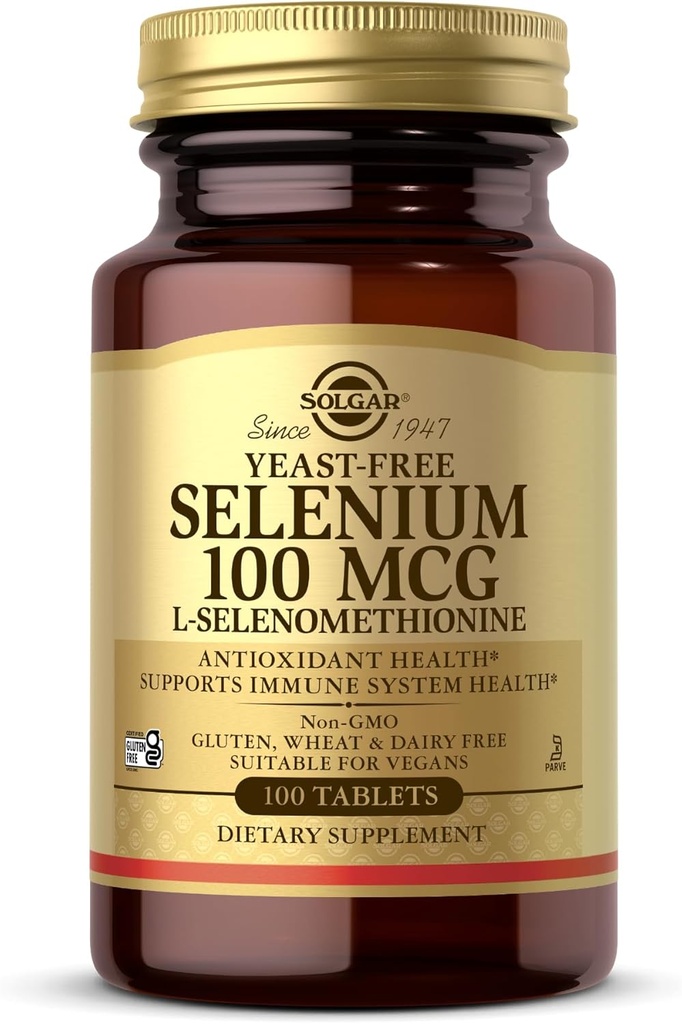 Solgar Yeast-Free Selenium 100 mcg - 100 Tablets - Supports Antioxidant & Immune System Health - Non-GMO, Gluten Free, Dairy Free, Kosher - 100 Servings