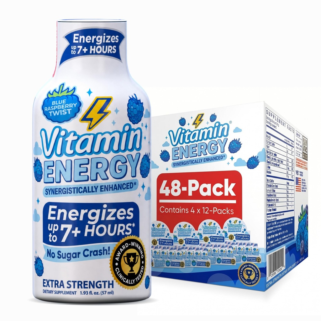 Vitamine Energy Immune+ Extra Strength Energy Shot Blue Raspberry 48 Pack, 260mg Caféine naturelle, B-Vitamines, Citicoline, Thé vert, Immunity & Focus Support, Zéro sucre, Sans gluten 1,93 fl oz
