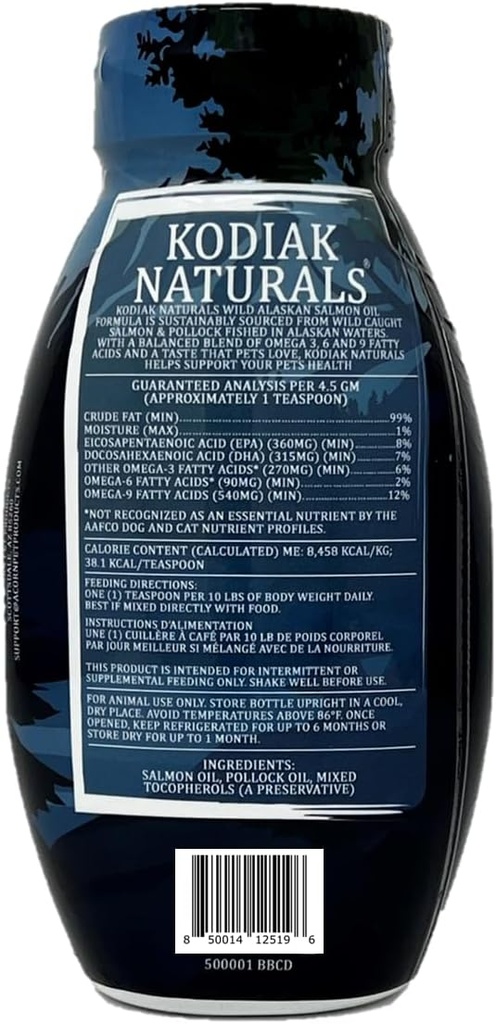 8oz Wild Alaskan Salmon Oil Formula for Dogs & Cats, un mélange équilibré d'huiles de poisson pur avec EPA et DHA de Wild-Caught Fish. Soutien à la peau et au manteau, aux articulations et à la santé immunitaire