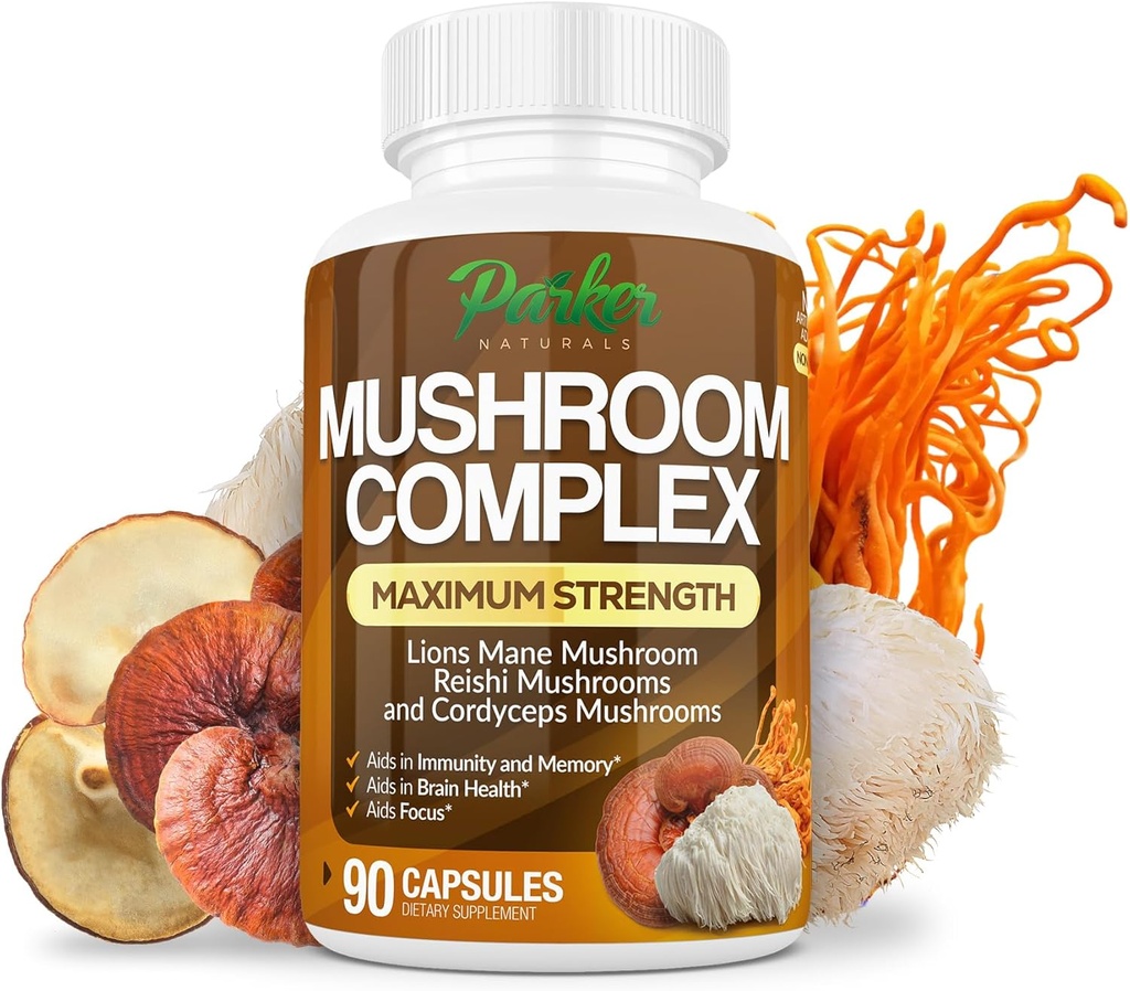 Parker Naturals Mushroom Complex Capsules, Premium Lions Mane, Cordyceps, and Reishi Mushroom Supplement, Maximum Strength Organic Mushrooms Supplement, 90 Capsules