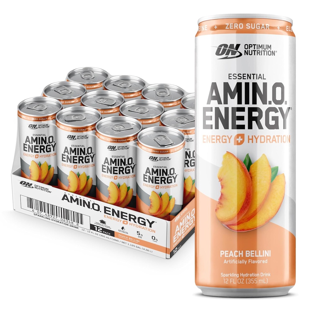Optimum Nutrition Amino Énergie Sparkling boisson d'hydratation, électrolytes, caféine, acides aminés, BCAAs, sans sucre, pêche Bellini, 12 Fl Oz, 12 Pack (emballage mai Vary)