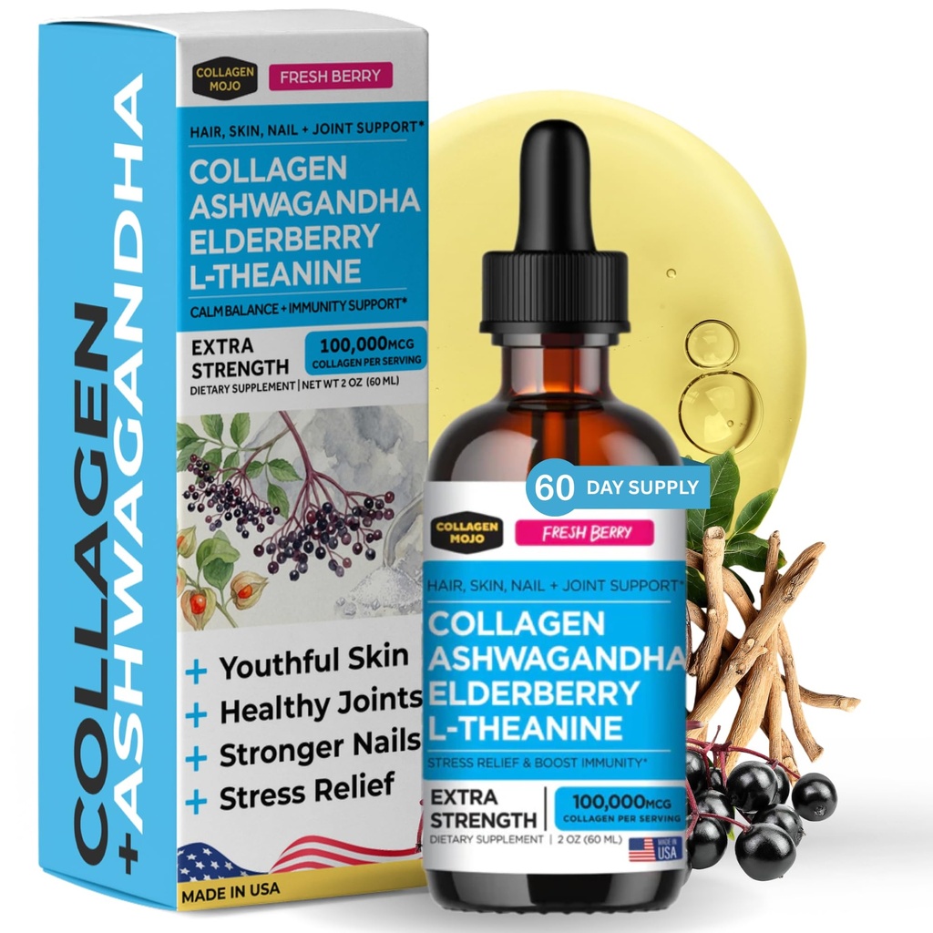 Collagène Mojo - Collagène liquide pour les femmes et les hommes, Collagène Peptides avec Ashwagandha, Elderberry & L-Theanine - Cheveux, peau, ongles, joint et support de stress, haute absorption - 100 000mcg, 2 Oz