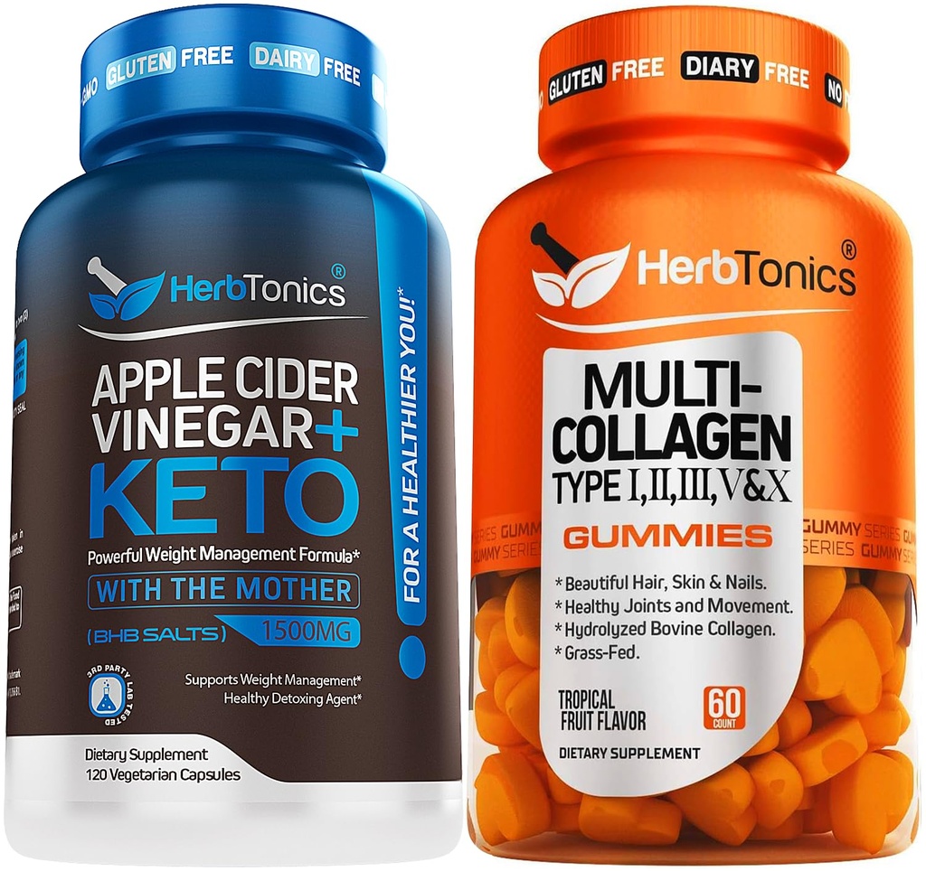 Herbtonics Capsules de vinaigre de cidre de pomme Plus Keto BHB.com Fat Burner & Weight Loss Supplément pour les femmes et les hommes - Gommies multicollagènes de type 1,2,3,5 & 10 avec Biotine pour la croissance des cheveux, la peau, les ongles
