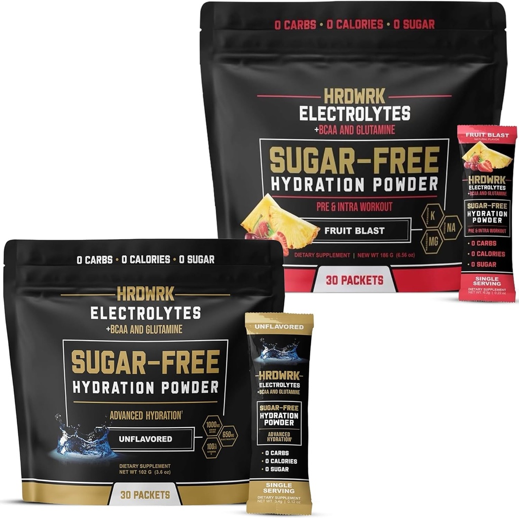 HRDWRK Electrolyte Packets for Hydration Variety Bundle with Magnesium, Potassium Sodium, BCAAs and Glutamine, | Keto Electrolytes Powder with No Sugar, Unflavored & Fruit Blast (60 Count)