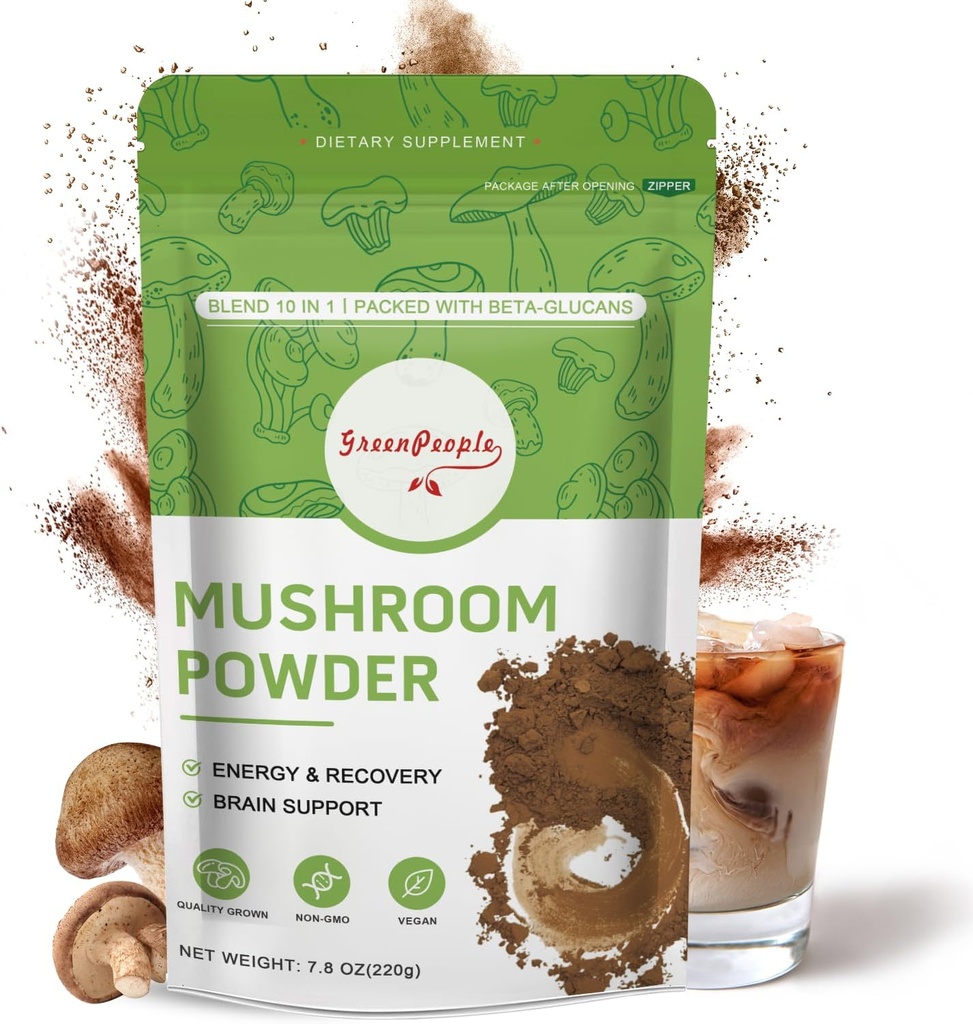 GREENPEOPLE Poudre de champignons Supplément de champignons - 10-en-1 Champignons Lions Mane Poudre avec Reishi/Cordyceps/Chaga/Turquie Tail/Maitake/Complex pour la fonction cognitive et le soutien immunitaire 78 portions