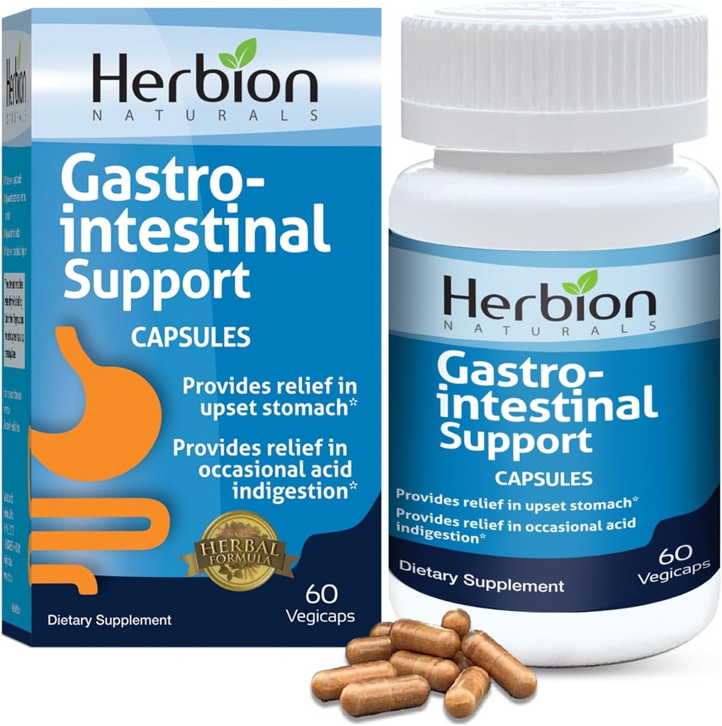 HERBION Naturals Gastro-intestinale Soutien Mélange à base de plantes pour le soulagement de l'estomac, la santé et la fonction gastro-intestinales, l'indigestion occasionnelle de l'acide, la flore intestinale saine, 60 comtes, paquet de 1
