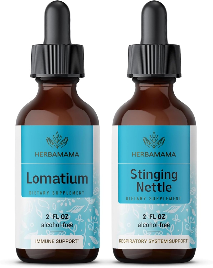 HERBAMAMA Herbal Liquid Drops Kit - Ensemble d'extrait de racine de lomatium et de teinture de beurre à cosse 2 fl oz - Vegan, non-OGM, sans sucre et sans alcool - 2 Pack