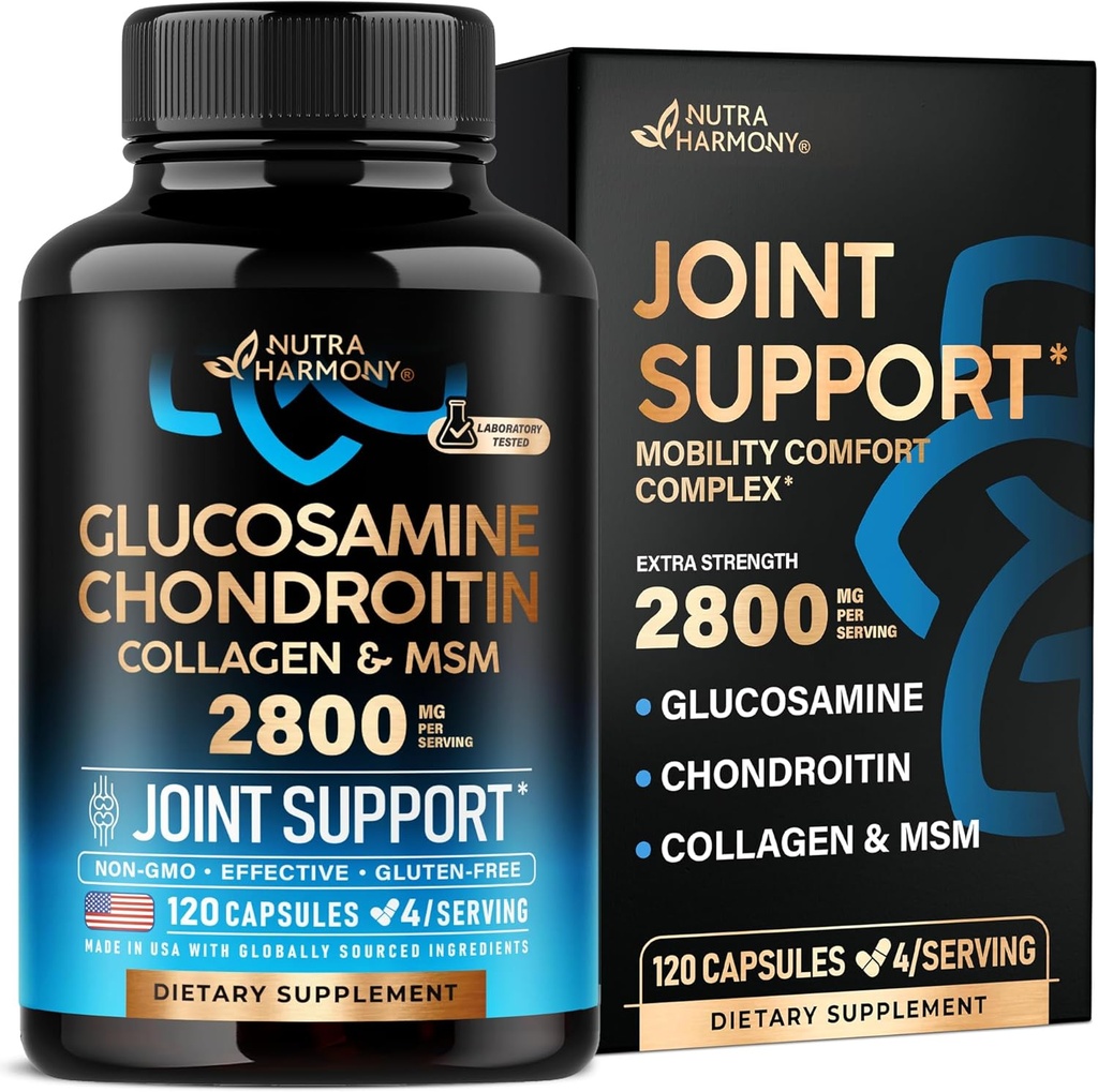 Glucosamine Chondroïtine MSM Collagènes FSA HSA Admissibilité au supplément de soutien conjoint 2800 mg de FSA Fabriqué aux États-Unis Produits approuvés par FSA Flexibilité Vitamines nutritionnelles pour hommes et femmes, 120 capsules