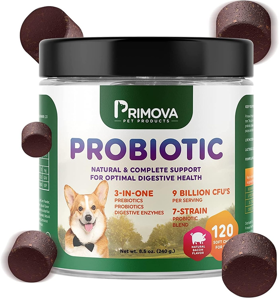 Chews pour chiens probiotiques pour enzymes digestives pour chiens - Diarrhée des chiens et soulagement de l'allergie naturelle - Chews pour chiens probiotiques pour chiots - Chews pour chiens allergiques - Pack de 120 Chews