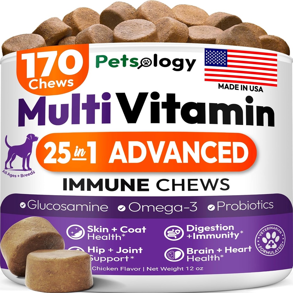 Chien Multivitamin Chewable - Vitamines et suppléments de chien avec la glucosamine - 170 Chews - Hip & Joint, Pet Immmune Support, Skin & Coat, Gut & Heart Health - Senior & Puppy Multivitamin Pet Supplément
