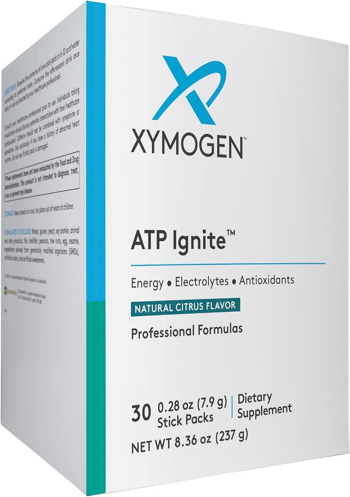 Poudre de boisson énergétique revitalisante XYMOGEN ATP - supporte le remplacement des électrolytes + la biosynthèse ATP avec des antioxydants, des aminos, des vitamines, des électrolytes + 95 mg de caféine (30 paquets de bâtons d'agrumes)