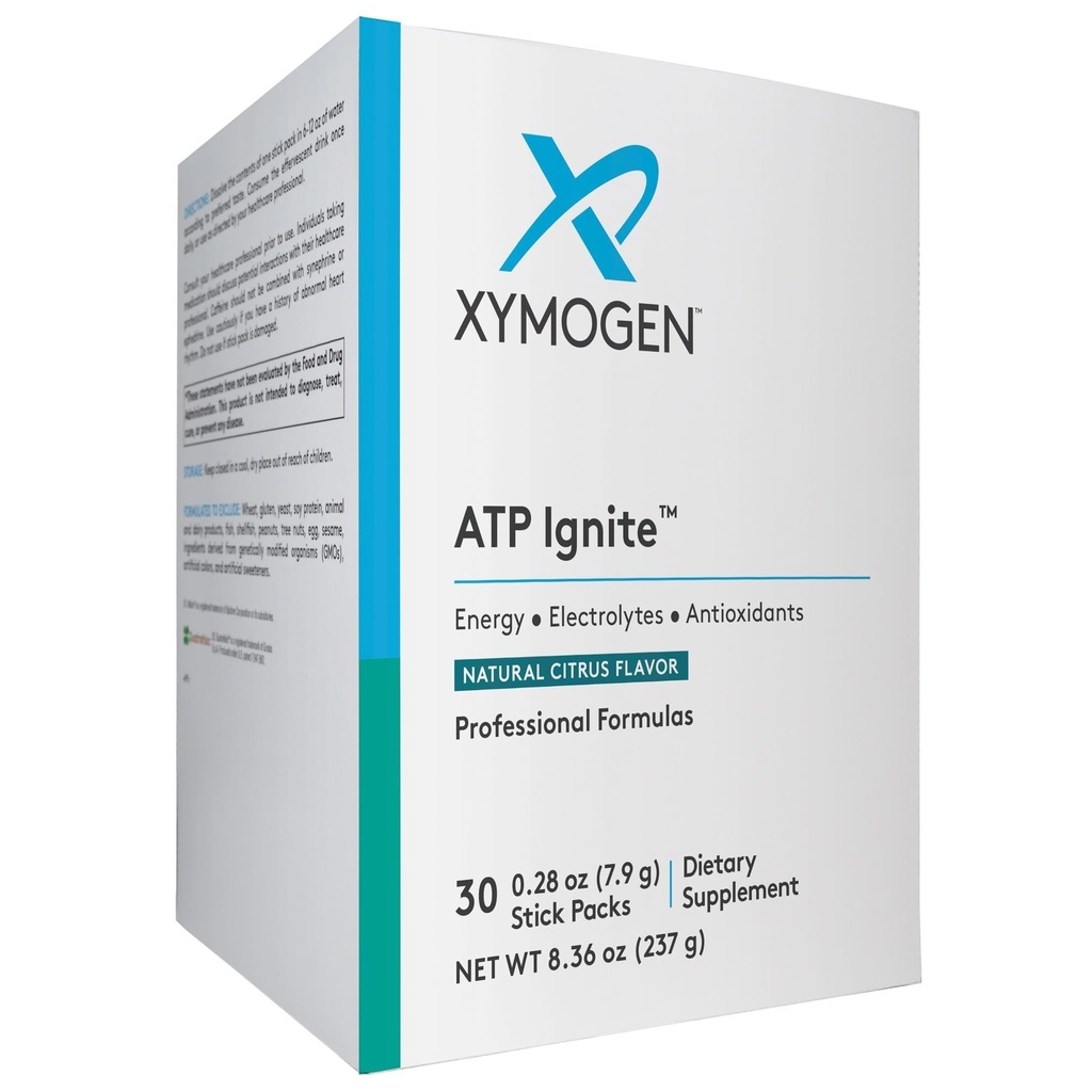 Poudre de boisson énergétique revitalisante XYMOGEN ATP - supporte le remplacement des électrolytes + la biosynthèse ATP avec des antioxydants, des aminos, des vitamines, des électrolytes + 95 mg de caféine (30 paquets de bâtons d'agrumes)