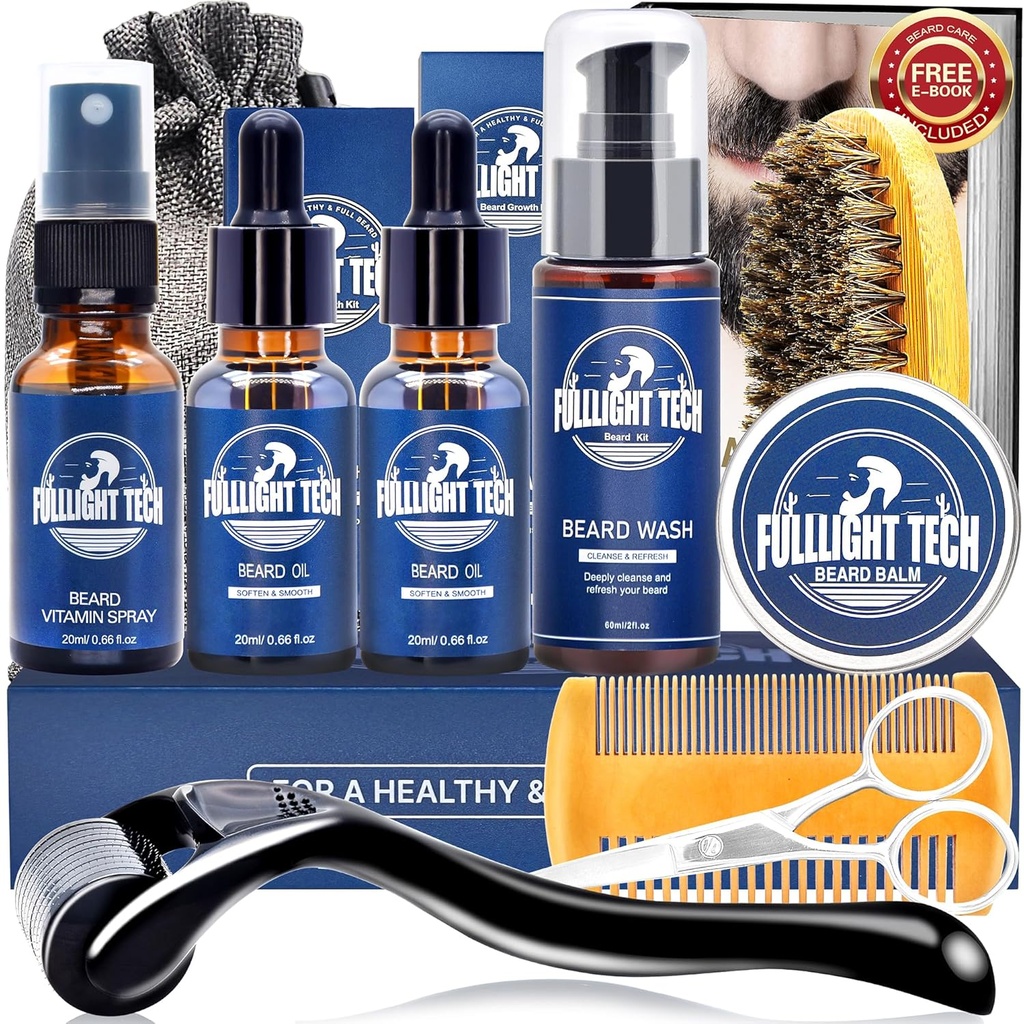 Kit d'entretien de la barbe pour hommes-Nourish Soften Grooming Patchy Beard W/Vitamine Spray,Huile de mustache,Balm, Laver, Brosse de sanglier, Peigne en bois,Ciseaux,Valentines Pères Cadeaux pour les hommes Papa Lui Mari Boyfriend