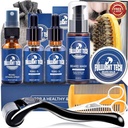 Kit d'entretien de la barbe pour hommes-Nourish Soften Grooming Patchy Beard W/Vitamine Spray,Huile de mustache,Balm, Laver, Brosse de sanglier, Peigne en bois,Ciseaux,Valentines Pères Cadeaux pour les hommes Papa Lui Mari Boyfriend