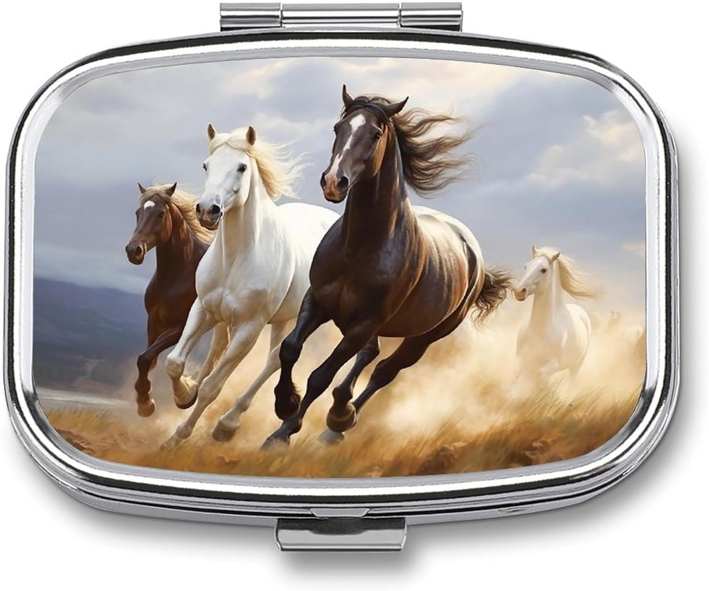 Chevaux Running Art Pill Box 2 Compartiment Portable Pill Case Daily Square Pill Organizer for Pocket Purse Daily Medicine Container to Hold Vitamines Fish Oil Travel Gifts