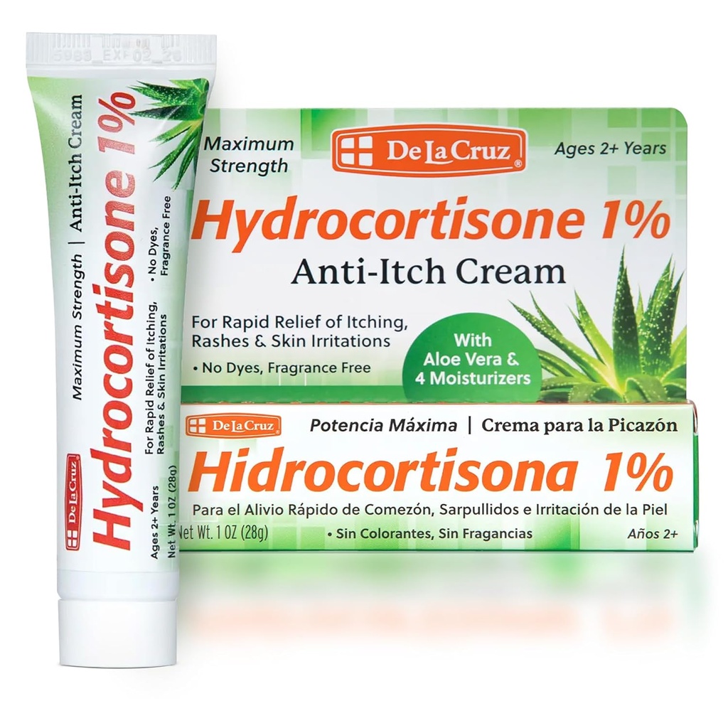 Crème Hydrocortisone de La Cruz 1% - Résistance maximale - Crème Hydrocortisone anti-démangeaison topique avec Aloe Vera et hydratant pour peau sèche, rougeur, dermatite, eczéma et Rashes - 1 OZ (28g)