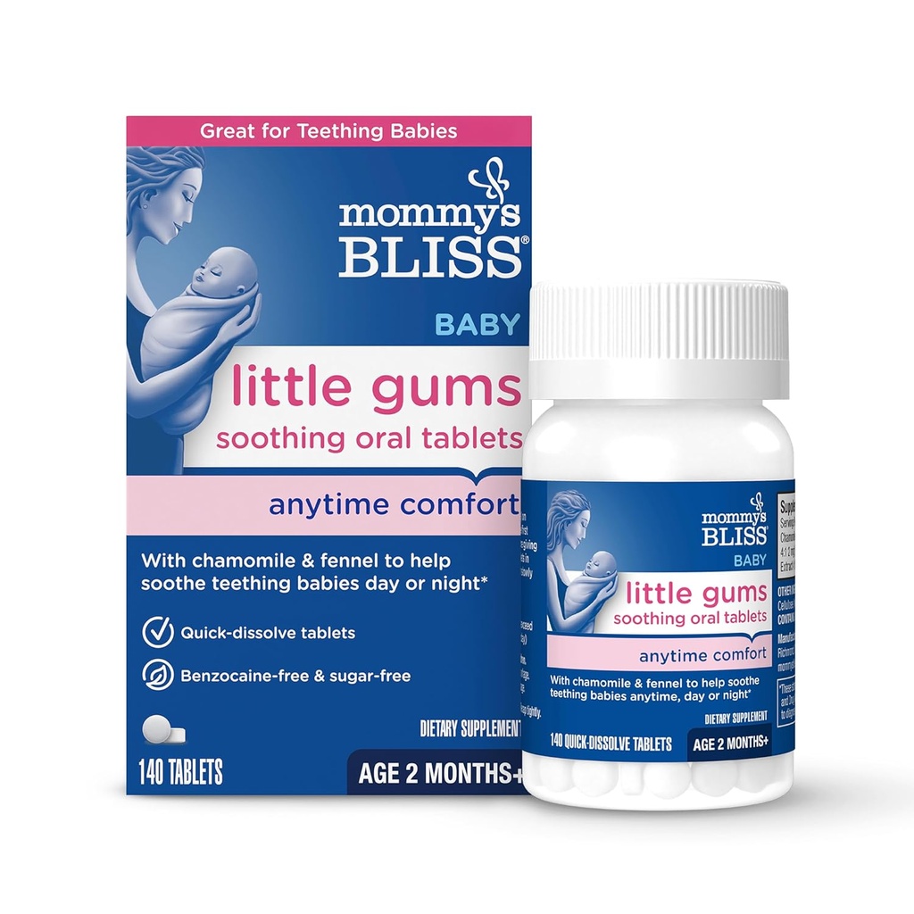 Mom's Bliss Little Gums comprimés oraux apaisants, idéal pour les bébés de dents, sans benzocaine et sans sucre, 2 mois+, 1 bouteille (140 comprimés)