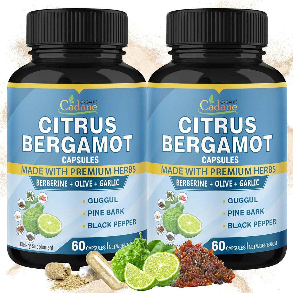 Cadane 2 Packs Capsules d'extrait d'agrumes Bergamote avec berbère, olive, guggul, ail, écorce de pin, poivre noir