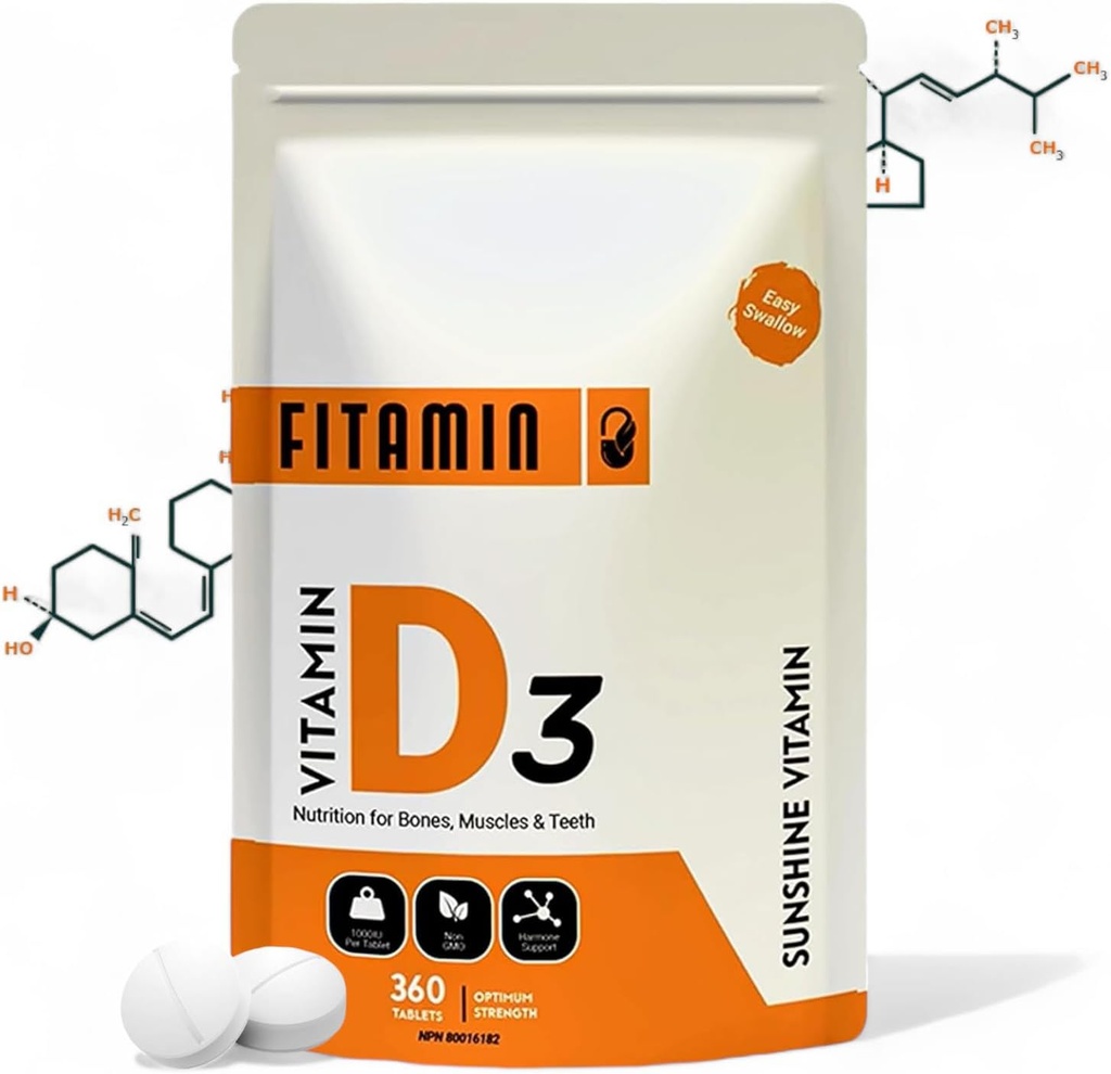 Vitamine D3 1000iu - 360 comprimés d'aval pour os forts, dents saines, système immunitaire et fonction musculaire - supplément naturel de vitamine D - 1 an pour les hommes, les femmes et les aînés