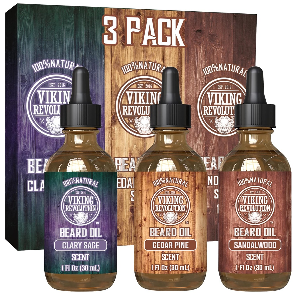 Huile de barbe de la Révolution viking pour les hommes 3 Pack - Ensemble naturel d'huile de barbe pour hommes - Sandalwood, pin et cèdre, parfums de sauge de Clary - Conditionnement et hydratant pour une barbe saine (3 Pack, 1oz)