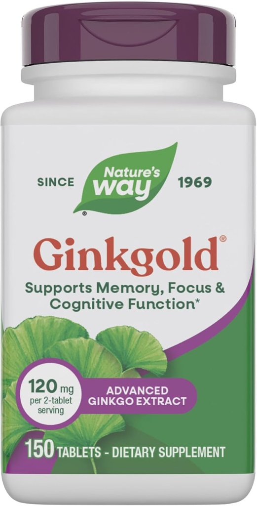 Nature's Way Ginkgold Extrait de Ginkgo avancé, supporte la mémoire, le focus et la fonction cognitive*, Extrait de Ginkgo Biloba, 150 comprimés (paquetage May Vary)