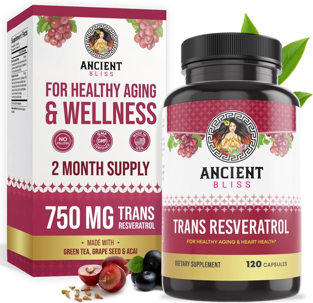Ancient Bliss Resveratrol Powerful Antioxidant Supplement with Green Tea, Grape Seed Extract for Healthy Aging for Men & Women