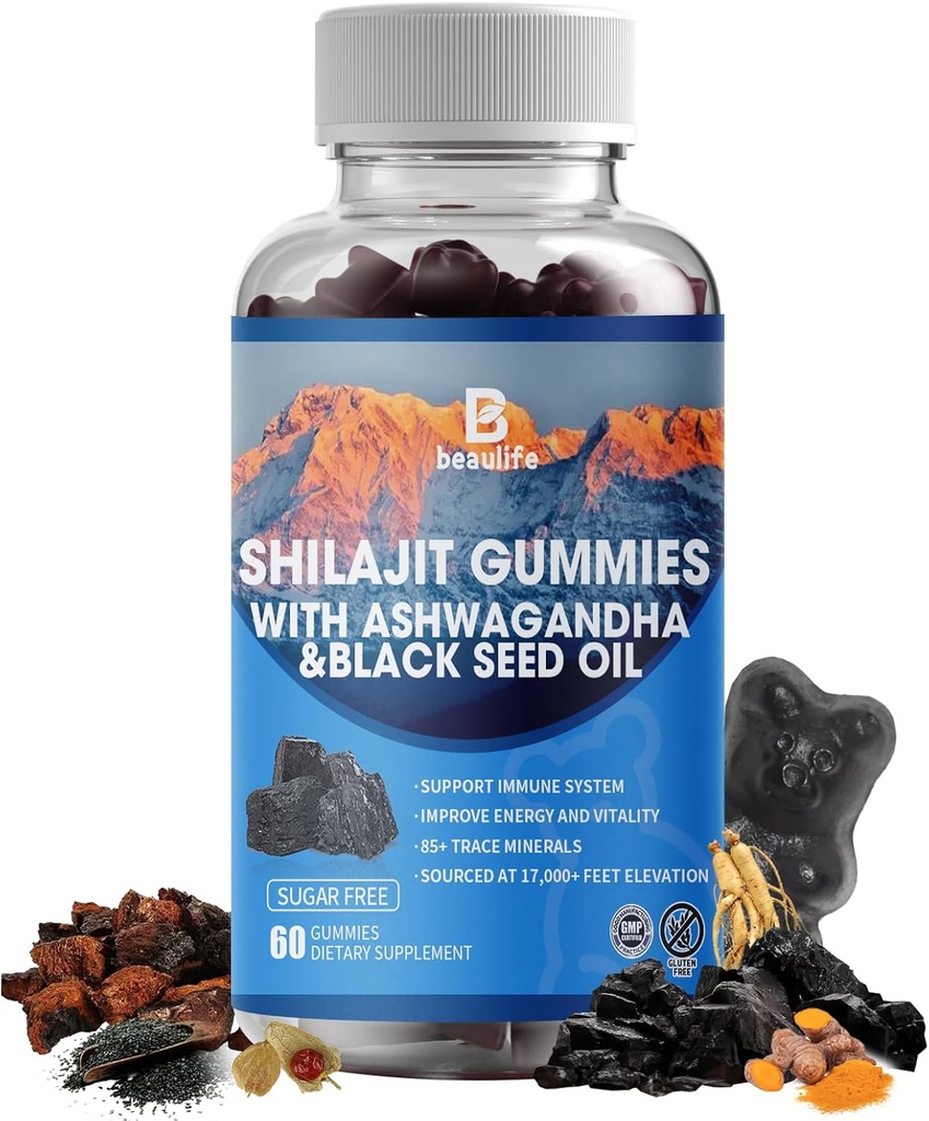 Shilajit Gummies, Shilajit, résine, avec 85+ Trace Minéraux, Acide Fulvic, Phytonutriments, Vitamine C, D, B12, Ashwagandha, Champignon Chaga, Turcuma, pour l'énergie, Soutien immunitaire
