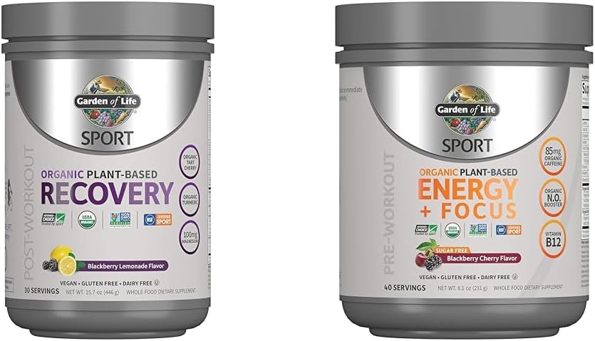 Jardin de la vie Vegan biologique après l'entraînement Récupération de poudre, 30 portions, 15.7 Oz & pré-entraînement Poudre d'énergie, 40 portions, 8.14 Oz Bundle