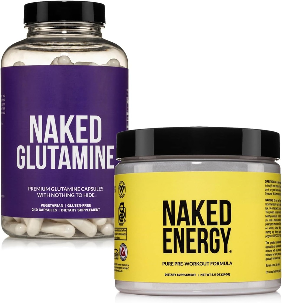 NAKED Vegan Energizing Muscle Recovery Bundle Unflavored Energy et 240 L-Glutamine Capsules, 1000mg