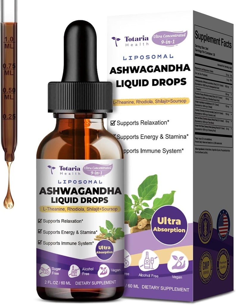 Totaria Liposomal Ashwagandha Liquid Drops w/Shilajit, Magnésium, Soursop, L-Theanine, Extraction de racine ultra-extact Ashwagandha 7% Withanolides
