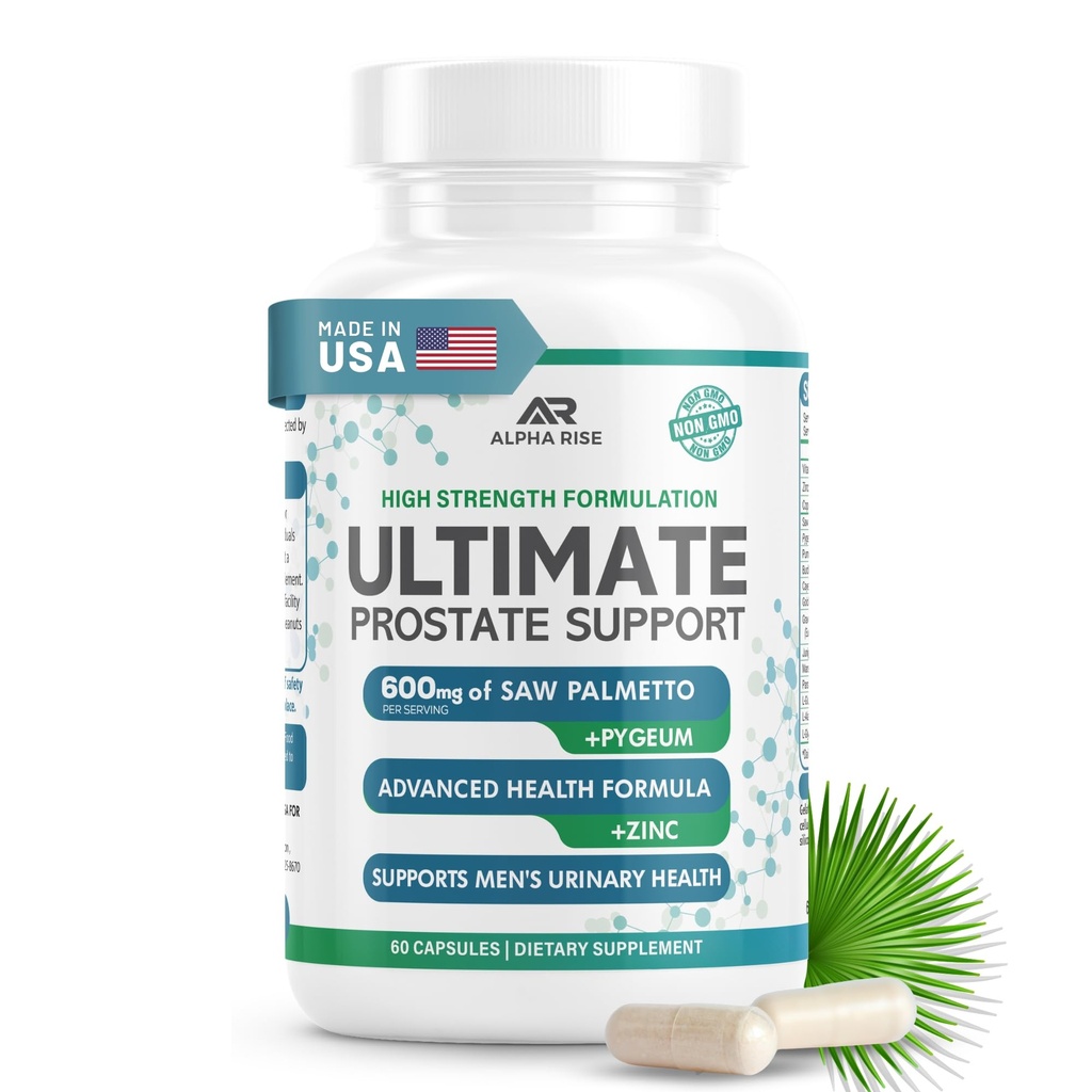 Meilleur supplément de soutien prostate de soutien pour les hommes - 600 mg Saw Palmetto 300mg Pygeum - 16 herbes + zinc - soulagement de la prostate élargie et arrêt d'urine fréquente - 60 capsules