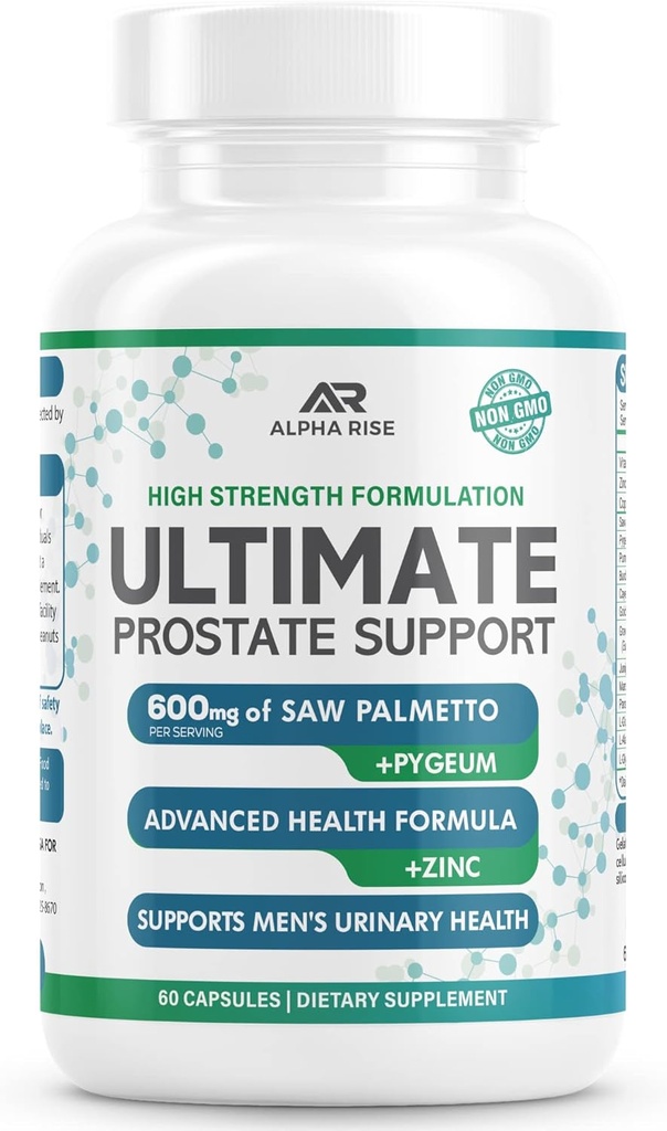 Meilleur supplément de soutien prostate de soutien pour les hommes - 600 mg Saw Palmetto 300mg Pygeum - 16 herbes + zinc - soulagement de la prostate élargie et arrêt d'urine fréquente - 60 capsules