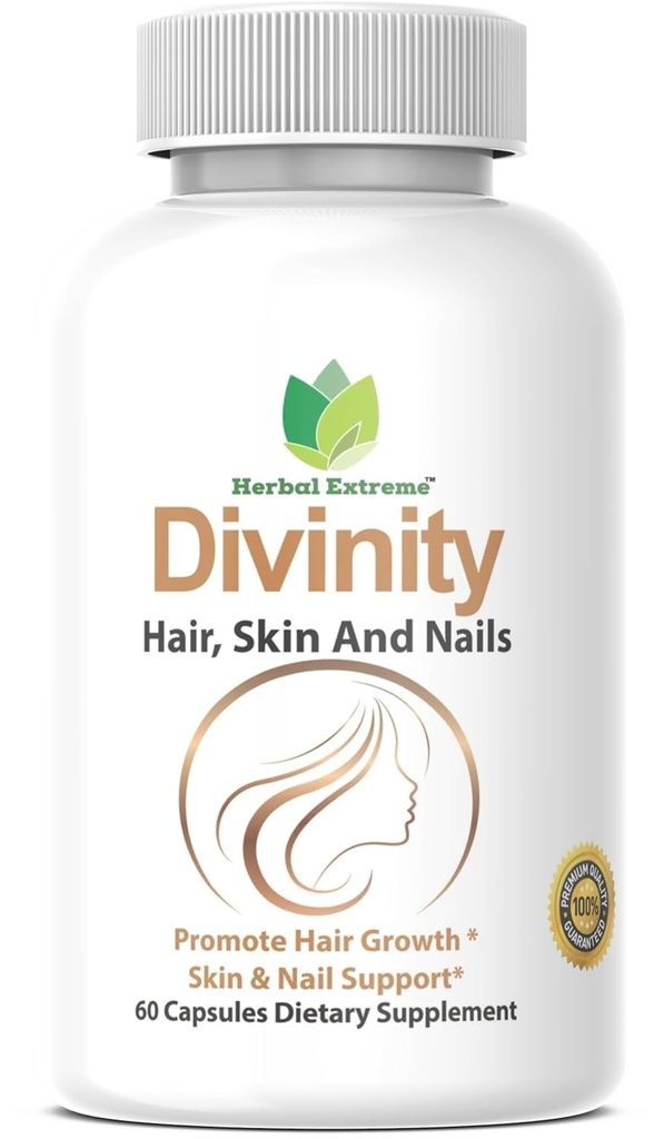 Divinité Cheveux, peau et ongles 60 Capsules 5000 mcg Biotine Acide P-amino Benzoïque, Extrait de queue de cheval, Fo-Ti, Extrait de bambou, Bouilloire piquante, Pivoine chinoise, Spiruline, Saw Palmetto