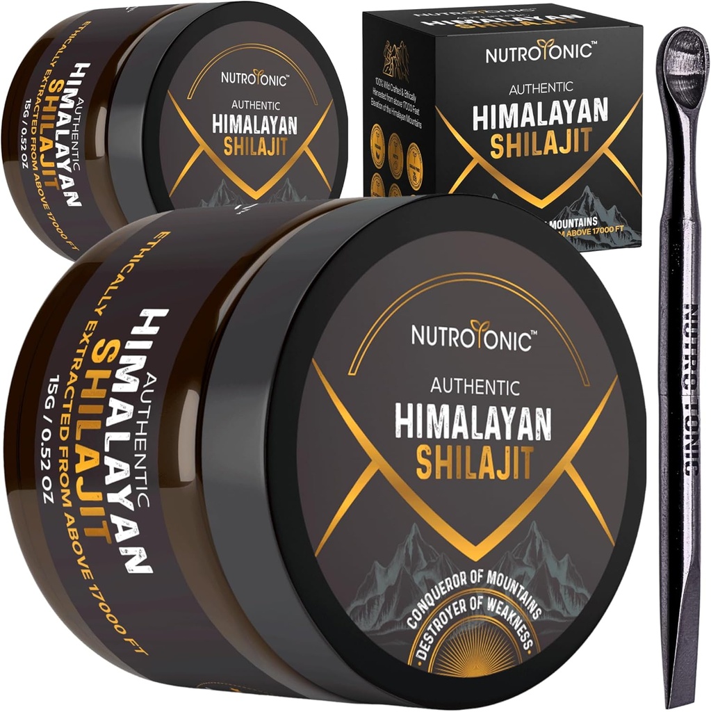 NutroTonic® Résine authentique Himalayan Shilajit pour hommes et femmes - Gold Grade 86% Acid fulvic - Wild Crafted +17000 FT – 40x Nano filtré et séché au soleil - 3ème laboratoire de partie testé - 15g Jar (paquet de 2)